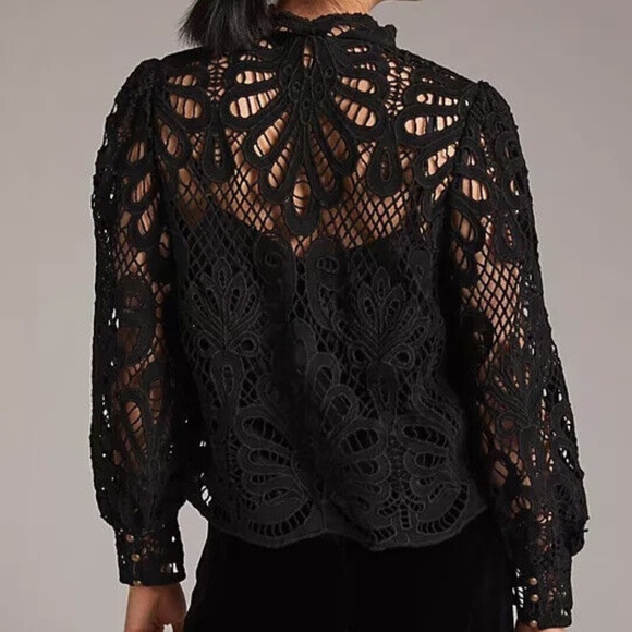Anthropologie Embroidered Black Lace High Neck Victorian Style Blouse - Picture 10 of 10